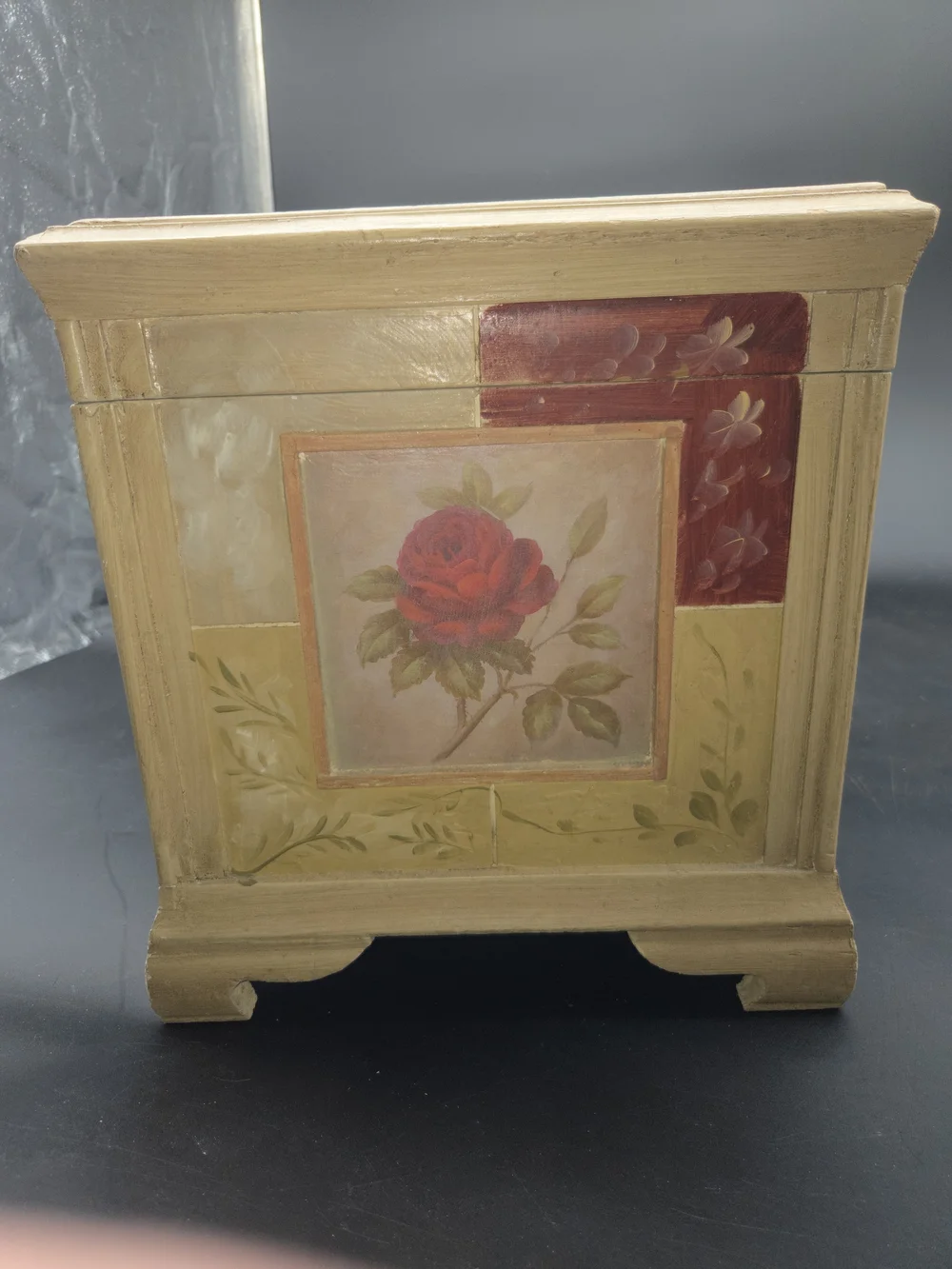 French Country Painted Wood 13 Inch Tall Jewelry Storage Box Chest Red Rose